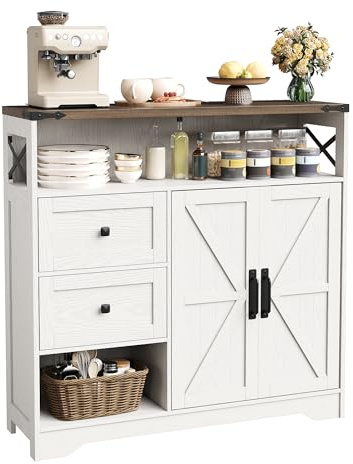Vabches Farmhouse Buffet Sideboard Cabinet with Drawers and Open Shelf, 38.5 Storage Cabinet with Adjustable Shelves and Door, Modern Coffee Bar Hutch Pantry for Kitchen, Living Room, Entryway, White