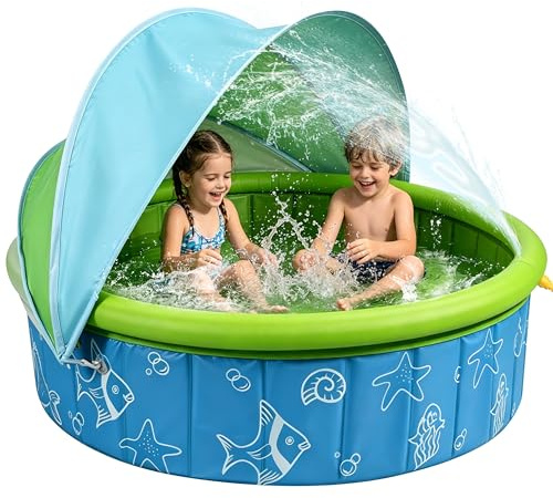 JONRRYIN Piscina per Bambini con Tetto, 120x30 cm Tenda da Spiaggia Piscinetta con Funzione di Sprinkler, Piscinetta Pieghevole per Cani e Bambini per Giardino, Spiaggia, Picnic
