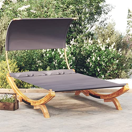 FMPGJLYH Outdoor Double Lounge Bed with Canopy, Solid Bent Wood Patio Sunbed for 2 People, Large Garden Poolside Recliner with Plush Pillows, Anthracite