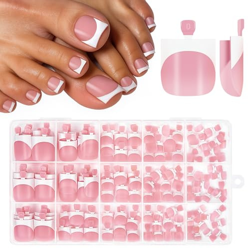 Kiiwah 150 Pezzi Unghie Finte Piedi Corte, 15 Misure French Quadrate Press on Nails Piedi Copertura Completa Artificiale Unghie Finte per Piedi Tip Unghie Piedi French per Donne