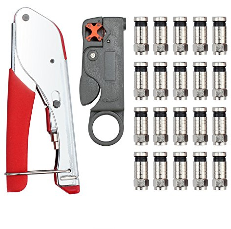 AMTOVL Coax Cable Crimper Coaxial Cable Compression Tool Kit with Compression Crimping Tool, Double Blade Rotary Cable Stripper and 20 F Type Connector for Coaxial Cable RG58 RG59 RG6 RG-62