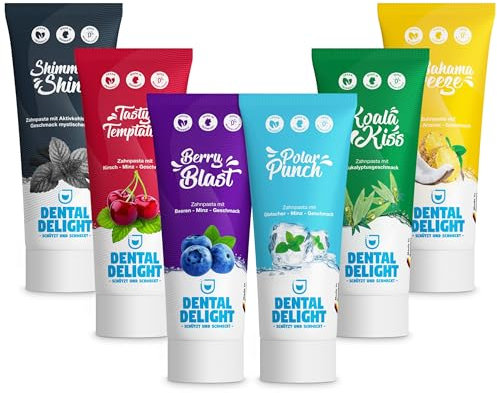 DENTAL DELIGHT Zahnpasta, Vegane Zahnpasta mit Geschmack, Zahncreme, Minze, Ananas, Kirsche, Black, Berry, Eukalyptur, ÖKO Test (GUT) (6er Mix-Paket)
