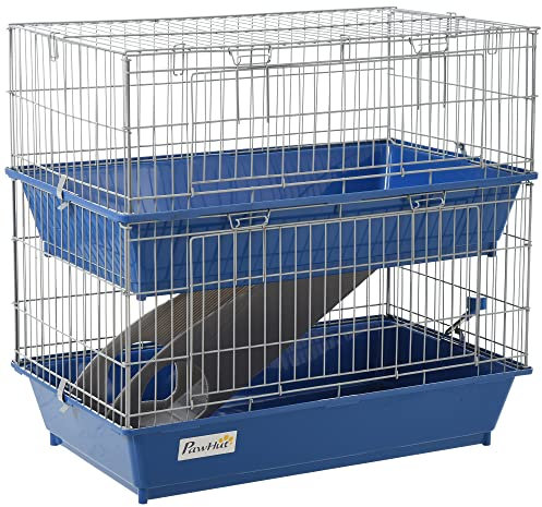 PawHut Double Tier Small Animal Cage Rabbit Chinchillas Cage w/Ramp Food Dish Water Bottle Deep Trays Pet Home 72 x 44 x 67 cm