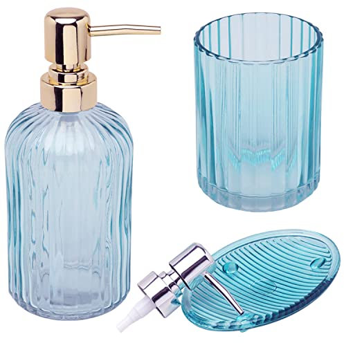 G Decor 3-Piece Modern Transparent Pressed Glass Bathroom Accessory Set, Includes Liquid Soap or Lotion Dispenser, Toothbrush Holder, Soap Dish (Blue)