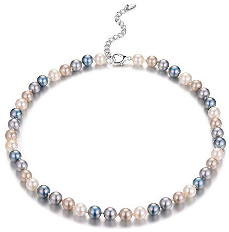Bulinlin Damen Silber Muschel Perlenkette Boho Statement Strang Perlen Choker Halskette Modeschmuck Geschenke für Frauen(8mm Grey blue)