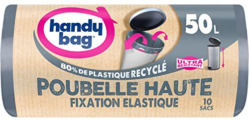 Handy Bag - Sacs poubelle haute à fixation élastique 50L x 10 sacs - Maintient le sac en place - Ultra Résistant -Film triple épaisseur - Étanchéité maximale - 100% plastique recyclé