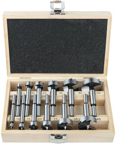Vearter Juego de 12 brocas Forstner, 10-50 mm, para madera de acero con alto contenido de carbono con vástago redondo, fresa perforadora de madera para madera maciza, MDF, plástico, aglomerado, madera