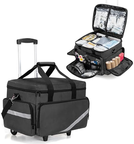 Trunab Rolling Medical Bag with Detachable Trolley, Nurse Rolling Bag with Removable Dividers 15.6” Laptop Sleeve, First Aid Responder Bag Empty for Home Health Nurses, Doctors, EMT, EMS