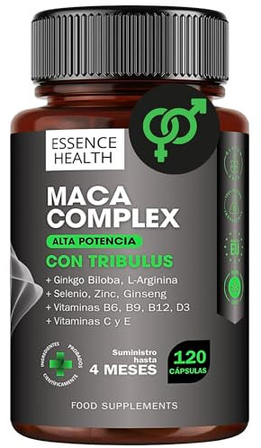 Maca Complex Andina Negra y Peruana | Alta Potencia | 120 Cápsulas | Tribulus Terrestris, Ginseng, Ginkgo Biloba, L-Arginina, Zinc, Selenio | Vit. C, D3, B6, B9, B12, E | Energía y Bienestar