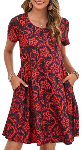 Enmain T-Shirt Dress for Women Summer Short Sleeve Tunic Dress with Pockets Boho Knee Length Ladies Casual, RedBlack, L