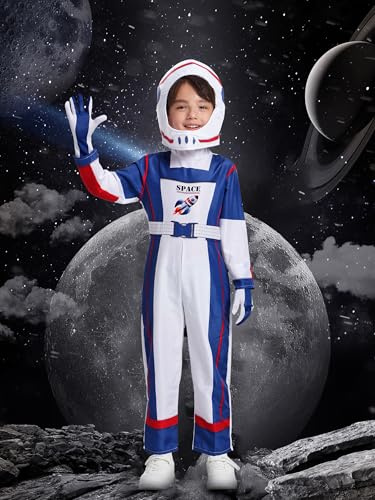 IKALI Costume da astronauta per bambini, costume spaziale per ragazze e ragazzi, tuta da pilota con cappello, guanto, casco, 7-8 anni