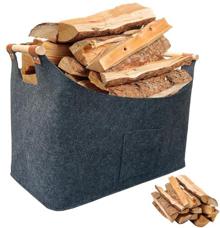 55L Large Log Basket,Felt Firewood Basket for Wood Burner Indoor with Extended & Thicker Handles,Foldable Storage Box for Fireplaces