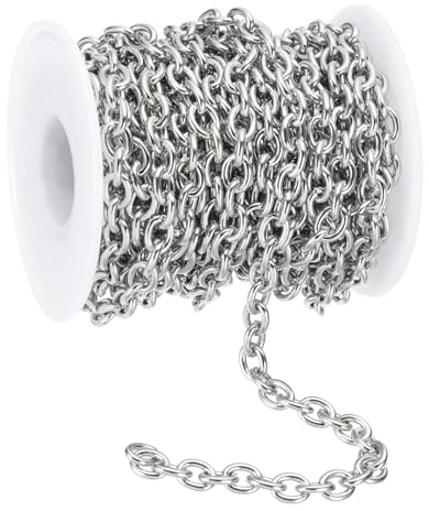 PATIKIL 5 m 304 rostfritt stål kabelkedjor, 6 mm bredd platta metalllänkar kedjor smycken rulle bulk kedja för smyckestillverkning gör-det-själv hantverk, silverton
