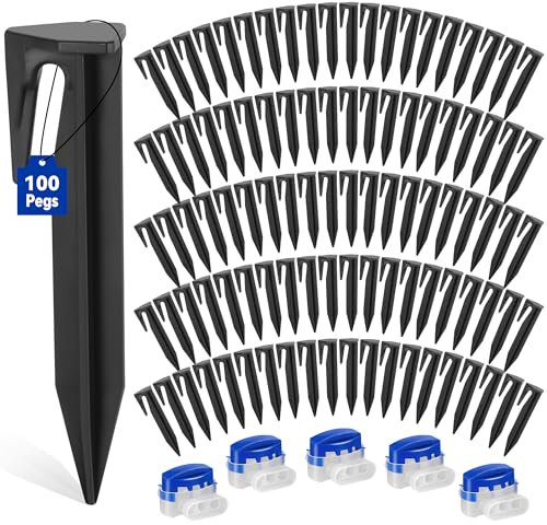 COZCLAM 100Pcs Piquet Fil Robot Tondeuse et 5 Connecteur Cable Robot Tondeuse, Accessoires pour Tondeuses à Gazon Robot, Piquets en Plastique Fixation Robuste, Compatible avec Gardena/Husqvarna(Noir)
