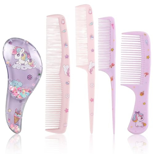 Set di spazzole per capelli per bambine, 5 pezzi, pettine districante a tema unicorno rosa, con pettini a coda, pettine a denti fini e pettine corto, per viaggi e acconciature quotidiane
