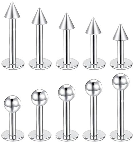 Glanzend Lot de 10 piercings de lèvre en acier chirurgical 16 G - Labret Monroe - Tragus - Helix - 6 mm, 8 mm, 10 mm, 12 mm, 14 mm - Pour femmes et hommes