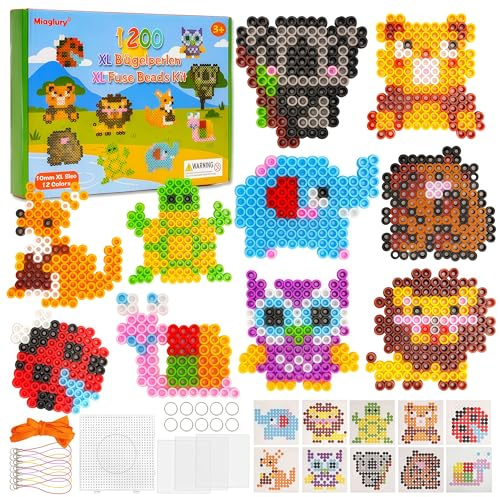 Lot de 1200 perles à repasser de 10 mm, 12 couleurs de perles XL avec plaques, 10 cordons porte-clés et 3 papiers à repasser, kit créatif de perles pour enfants à partir de 3 ans