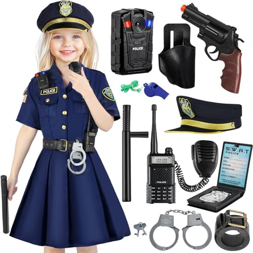 Lubolee Costume di Polizia per Bambina con Gonna da Agente Femminile, Cappellino di Polizia, Cintura e Accessori di Polizia, Costume Carnevale Bambini Ideale per Carnevale e Feste di Compleanno (L)
