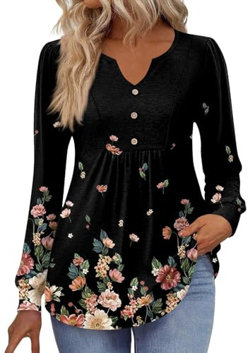 Generico t Shirt Maniche Lunghe Donna Maglietta Donna Manica Lunga T Shirt Elegante Sexy Girocollo Cotone Camicia Oversize Fantasia Blusa Larga Invernale T Maglie Scollo v