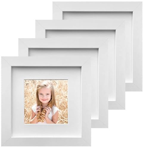 Dulynva Set di 4 Cornice Portafoto 15 x 15 cm Quadrata in Legno con Vetro Acrilico Cornice Foto MDF Cartone Cornici da Tavolo con Passepartout per Montaggio a Parete (Bianco)