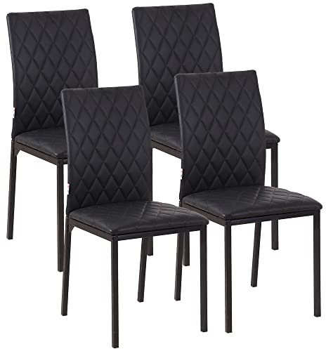 HOMCOM Pack de 4 Sillas de Comedor, Sillas de Cocinas Modernas, Respaldo Alto con Costuras Decorativas de Diamantes, Tapizadas en Cuero Sintético, Patas de Acero, Negro