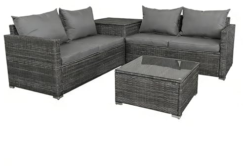 Panana Rattan Garden Furniture Corner Sofa Set with Storage Box, 4 Seater Outdoor Sofa with Cushions, Coffee Table & Free Cover for Patio Garden Conservatory (Mixed Grey Rattan with Grey Cushions)