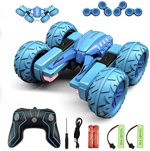 Amicool RC Voiture Telecommandé Tout Terrain, 4WD 360°Rotation Stunt Car Offroad RC Véhicule avec LED, 2.4GHz Voiture Radiocommandee Crawlers pour Enfants 6-12 Ans G03080R(Bleu)