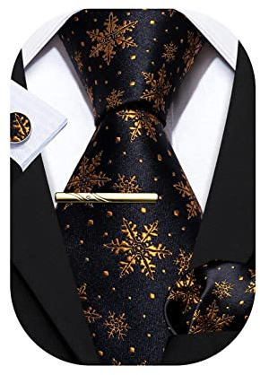 Barry.Wang Lot de 4 cravates de Noël tendance en soie pour homme avec boutons de manchette carrés et flocons de neige, noir/doré, taille unique