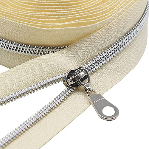 MebuZip 9m Silver Endless Zipper Sold by the Metre Zipper Nylon 6mm Spiral + 25 Nonlock Zippers for Bags Decoration DIY Craft Sewing (Silver Beige)