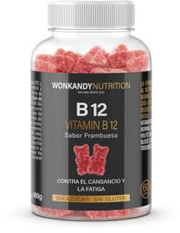 Vitamina B12. 60 Gominolas de 1000mcg. Sabor Frambuesa. Contra el cansancio y la fatiga. Ideal para estados de resaca. Sin Gluten y Sin Azúcar. Wonkandy Nutrition.