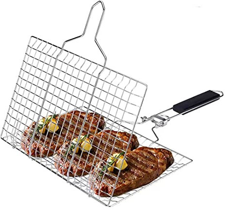 DDGAO Portable BBQ Grill Basket, Stainless Steel Fish Grill Basket with Removable Handle, Perfect for Grilling Vegetables,Sauce Bottle Brush and Carrying Pouch
