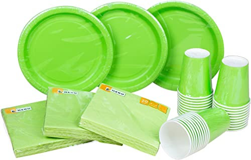 HEKU Set monouso per feste, 120 pezzi, colore verde chiaro, adatto per 30 ospiti, con piatto di carta, bicchieri da festa (0,25 l) e tovaglioli (33 x 33 cm), ideale per feste, barbecue, compleanni e