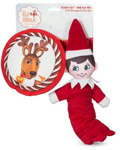 The Elf on the Shelf 2-teiliges Hundespielzeug-Set mit elastischem Pfadfinder-Elf + Elfe Haustiere Rentier Plüsch Flattie Scheibe Quietschendes Hundespielzeug | Bungee-Hundespielzeug zum Zerren |