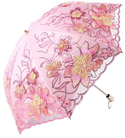 URFEDA Spitze Blumenstickerei Sonnenschirm, Damen Vintage Faltbarer Reiseschirm Bestickter Sonnenschirm Taschenschirm UV-Schutz Spitze Parasol Frauen Doppelter Sonnenschirm Hochzeit Brautschirm