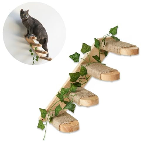 TREKAM Katzentreppe - Katzenleiter Wandmontage aus Massivholz mit Juteseil und Dekorativen Blättern - Katzentreppe Wand Robuste - Kletterwand Katzen Elegantes und Funktionales - Katzen Wandelement