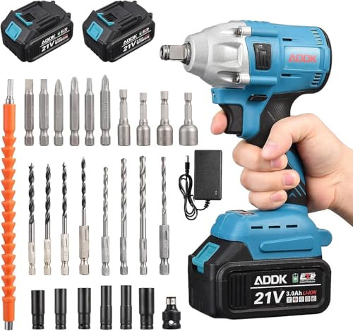 Clé à Chocs Sans Fil Brushless avec Deux 3.0 Ah batteries, 380N.m Boulonneuse à Choc Electrique 21 V, 4500RPM Multifonctionnel Visseuse à Chocs avec LED à Déclenchement, 19 Forets, 7 Douilles à Chocs