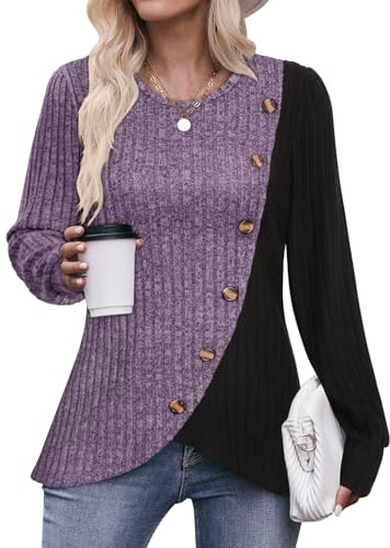 Flikity Ladies Jumpers Size 14 Casual Crew Neck Tops Womens Knitted Tunic Blouses Sweaters to Wear with Leggings Going Out Tops Work Clothes Spring Autumn Winter Clothes Purple M