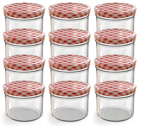 Oputec 12 x 230 ml Einmachgläser mit Schraubdeckel rot kariert – Perfekt für Marmeladen, Konfitüren und mehr, kleine Gläser mit Deckel, ideal als Mini-Marmeladengläser und Schraubgläser