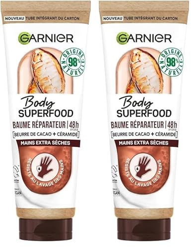 GARNIER Body Superfood - Baume Réparateur - Crème Mains Nourrissante - Hydratation 48h - Beurre De Cacao & Céramide - 98% d'Origine Naturelle - Vegan & Cruelty Free - Mains Extra Sèches - 75 ml