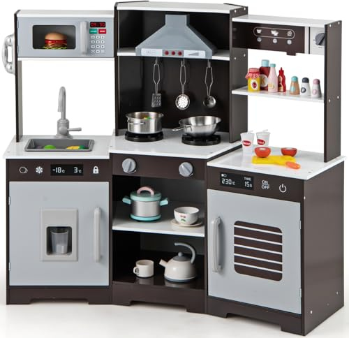 GYMAX Kids Corner Kitchen, Wooden Play Kitchen with Stoves, Range Hood, Ice Maker, Sink, Coffee Maker, Microwave, Oven, Telephone, Utensils, Sounds & Lights, Toy Kitchen for 3 + Years Old (Brown)