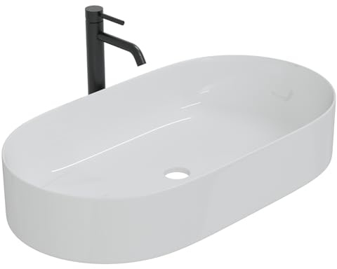 HAGO 24 | Lavabo in ceramica | Ovale 60 x 38 cm | Bianco | Bordo sottile | Lavabo da appoggio | Antigraffio | Superficie liscia | Attacco standard