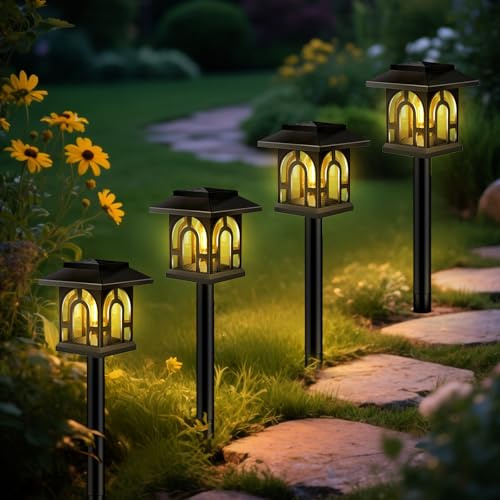 Caldarax 4 Piezas Luces Solares para Jardín, Lámpara Solar LED Exteriores, IP65 Impermeable, Iluminación Decorativa para Jardín, Paisajes, Caminos, Patios, Pasillo, Césped, Pasarelas(Blanco Cálido)