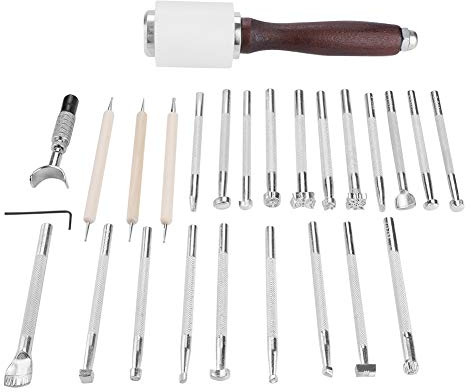 Kit de Herramientas Para Cuero, 25 Piezas de Herramientas de Repujado y Grabado, Material de Buriles Para Artesanías de Piel - Trabajo Profesional, Fácil de Usar Para Coser y