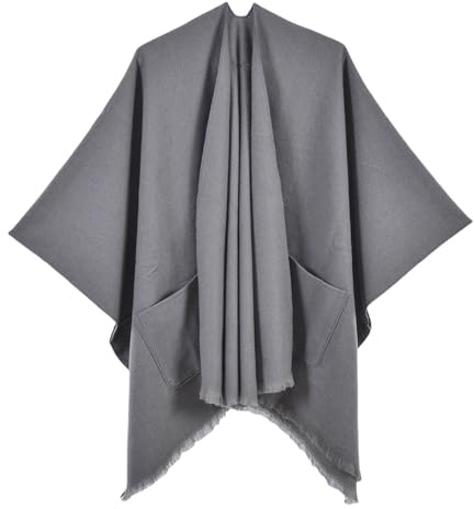 Elegant stickad poncho för kvinnor kappa öppen front cardigan överdimensionerad vändbar sjal filt halsduk kappa med fickor för vår, höst och vinter, Grå, one size