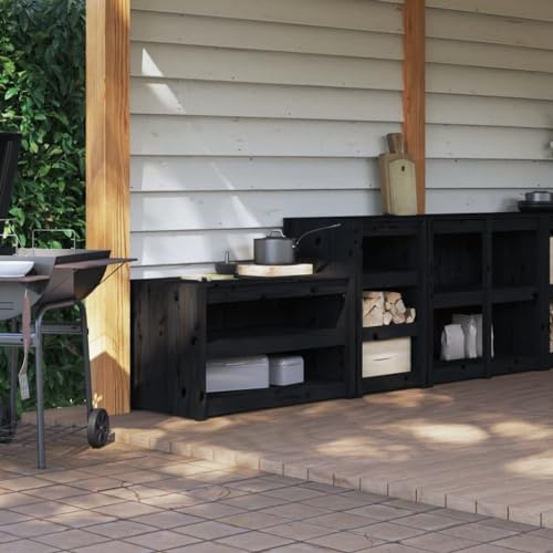 Teenpull Outdoor Küchenschrank 2er Set, Schwarz Massivholz Kiefer, modularer Stauraumschrank für Garten & Terrasse, Vorratsschrank Buffetschrank Sideboard für Flexible Außenküchen