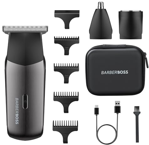 BarberBoss 3-i-1 elektrisk rakapparat för män, resetrimmer kit för män, skägg- och hårtrimmer, näsa och örontrimmer, minifolie rakapparat, set med 5 guidekammar, QR-2211