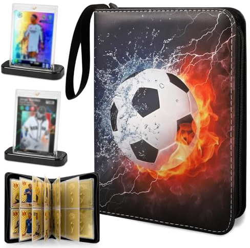 LHOEST Fotbollskort, samlaralbum, fotboll, 4 fack, 400 kort, samlaralbum med dragkedja, magnetisk korthållare, fotboll, samlarkort, album för samlarkort, PU vattentätt