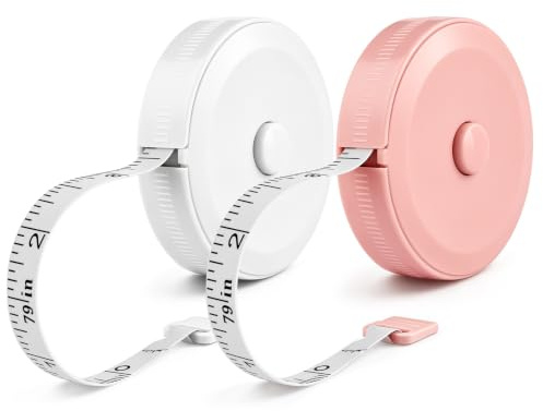 Portable Tape Measure 2M / 79Inch, 2-Pack Dual Sided Durable Ruler Soft Retractable Tailors Measuring Tape for Body Weight Loss Fabric Sewing Tailor Cloth Vinyl Measurement Craft Supplies White+Pink