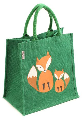 Shared Earth Jute Tote Bag Green Fox Print 30 x 30 x 20 cm | Shopping Bag with Padded Handles | Reusable Grocery Beach Travel Bag for Women Eco Friendly