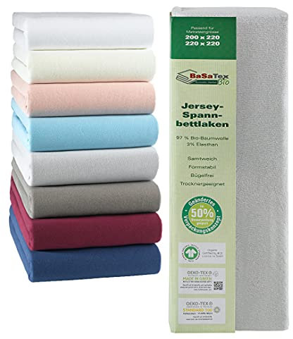 BaSaTex Bio Jersey Premium Spannbettlaken | Spennbetttuch für Wasserbetten und Boxspringbetten | 97% Baumwolle GOTS Zertifiziert + 3% Elasthan | 200x220-220x220 + 42cm Steghöhe | Farbe: Silber